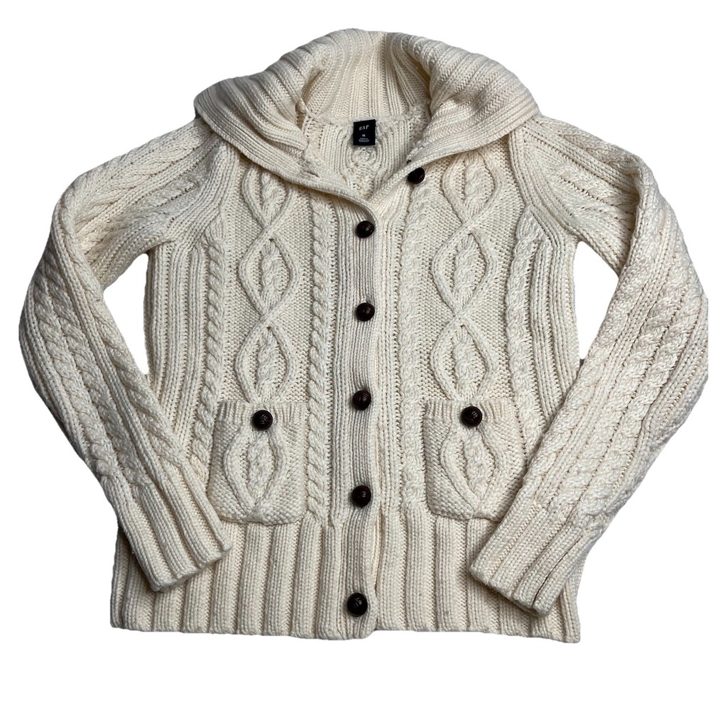 VTG Y2K GAP Wool Cable-Knit Fisherman Chunky Heavy Cardigan Sweater Sz M